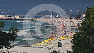 Varna, Bulgaria. Cityscape, summer aerial view toward beach. People having fun. Best holiday destination.