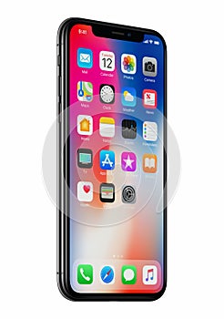 New Apple iPhone X front view slightly rotated isolated on white background