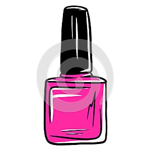 Varnish bottle. Pink nail polish. Manicure. Cartoon style.