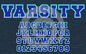 Varsity design alphabet template. Letters and numbers of college clothing style