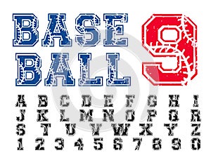 Varsity distressed font, college alphabet, sport font, letters and numbers. College alphabet, great design for tshirt, banner, inv photo