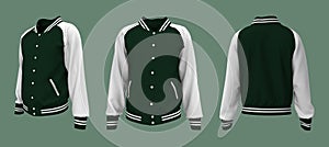 Varsity Jacket mockup in front, side and back views.