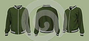 Varsity jacket mockup in front, side and back views