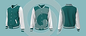 Varsity Jacket mockup in front, side and back views