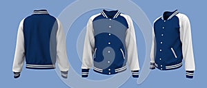 Varsity Jacket mockup in front, side and back views