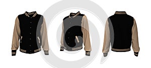 Varsity jacket mockup in front, side and back views. 3d illustration