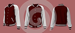 Varsity Jacket mockup in front, side and back views. 3d illustration