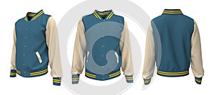 Varsity Jacket mockup in front, side and back views. 3d illustration