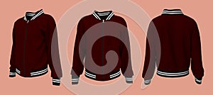 Varsity Jacket mockup in front, side and back views. 3d illustration