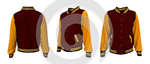 Varsity Jacket mockup in front, side and back views. 3d illustration