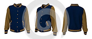 Varsity Jacket mockup in front, side and back views. 3d illustration