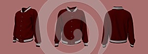 Varsity Jacket mockup in front, side and back views. 3d illustration, 3d rendering