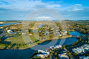 Varsity Lakes suburb and Reedy Creek at sunset.