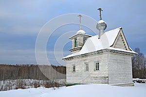 Varvarskaya village. Chapel of Zosim and Savvatiy in the winter, 19th century. Russia. Arkhangelsk region, Kargopol district