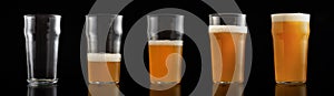Varying degrees of fullness of glass with beer with foam, from empty to full