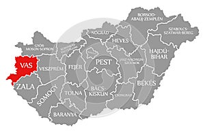 Vas red highlighted in map of Hungary