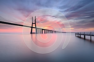 Vasco da Gama Bridge in Lisbon at Sunrise.