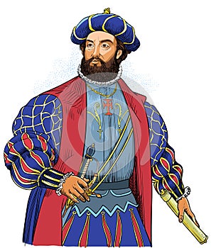 Vasco da Gama colored portrait in line art illustration. Editable layers. photo