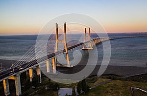 Vasco de Gamma bridge in Lisbon in Portugal, aerial drone view