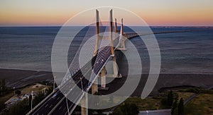 Vasco de Gamma bridge in Lisbon in Portugal, aerial drone view