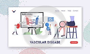 Vascular Disease Landing Page Template. Tiny Doctors Characters Presenting Blood Circulation in Vein and Artery Vessels
