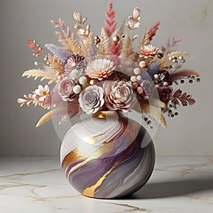 Vase 3d marble purple gold florals ai generator