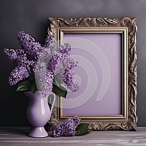 Vase Adorned with a Bouquet of Purple Lilacs Surrounding an Empty Frame. AI