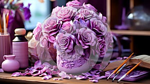 vase with beautifully purple roses on a wooden surface, with scattered petals and painting supplies, giving a creative