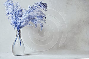 Vase of blue reeds on grunge gray background with copy space