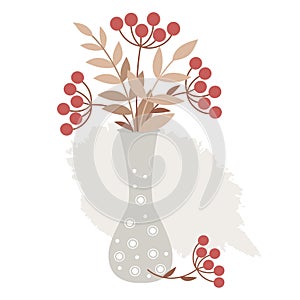 Vase with bouquet of red berries and leaves. Bunch of rowan and autumn branches with leaves. Vector illustration