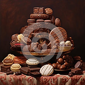 Vase with chocolates and cookies close-up. A large assortment of gourmet sweets. Chocolate dessert.