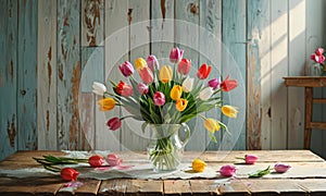 vase colorful tulipps on table photo