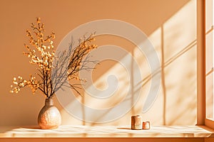 Vase with dry flowers on a wooden table with creative shadows