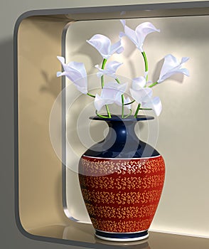 Vase of elegant flowers on a modern shelf