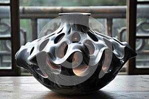 A vase with elements that have a smooth, smoothly flowing surface that resembles melting metal against the backdrop of a