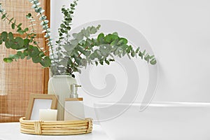 Vase with eucalyptus branches and toiletries near vessel sink in bathroom. Interior design