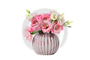 Vase with eustoma flowers isolated on background