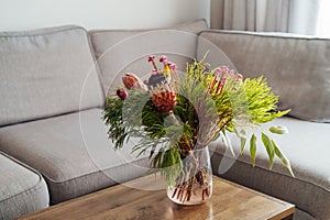 Vase with exotic protea flowers bouquet on coffee table with blurred background of modern cozy light living room with