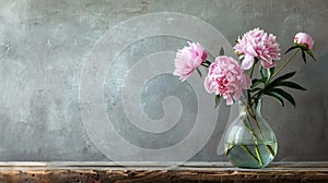 a vase filled with delicate pink peonies resting on an aged wooden table, set against the backdrop of weathered gray