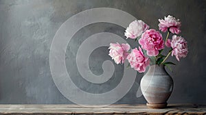 a vase filled with delicate pink peonies resting on an aged wooden table, set against the backdrop of weathered gray