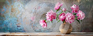 a vase filled with delicate pink peonies resting on an aged wooden table, set against the backdrop of weathered gray