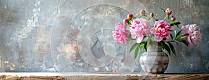 a vase filled with delicate pink peonies resting on an aged wooden table, set against the backdrop of weathered gray