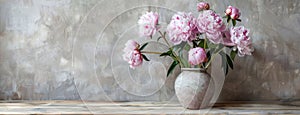 a vase filled with delicate pink peonies resting on an aged wooden table, set against the backdrop of weathered gray