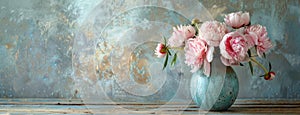 a vase filled with delicate pink peonies resting on an aged wooden table, set against the backdrop of weathered gray