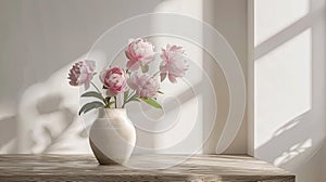 a vase filled with delicate pink peonies resting on an aged wooden table, set against the backdrop of weathered gray