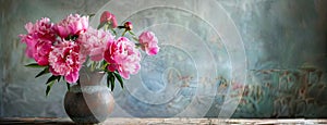 a vase filled with delicate pink peonies resting on an aged wooden table, set against the backdrop of weathered gray