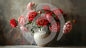 a vase filled with exquisite peony flowers, resting gracefully on a table with abundant empty space, perfect for adding