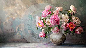 a vase filled with exquisite peony flowers, resting gracefully on a table with abundant empty space, perfect for adding