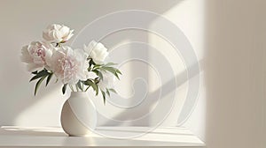 a vase filled with exquisite peony flowers, resting gracefully on a table with abundant empty space, perfect for adding