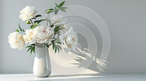 a vase filled with exquisite peony flowers, resting gracefully on a table with abundant empty space, perfect for adding